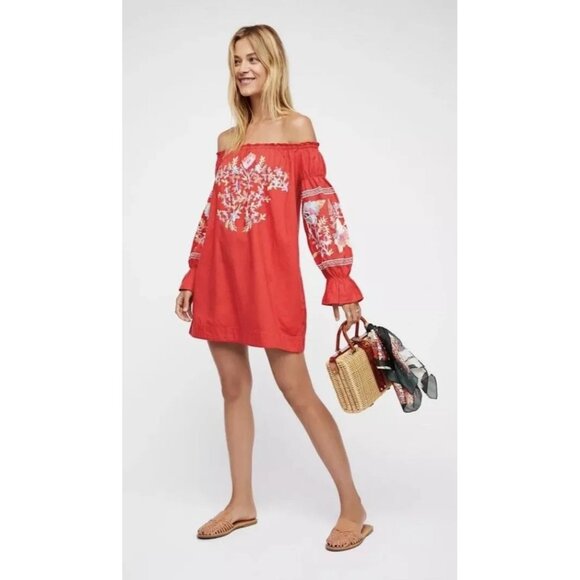 Free People Size S Red Fleur Du Jour Floral Embroidered Boho Off Shoulder Dress - Picture 2 of 16